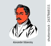 Prince Alexander Odoevsky - Russian poet, prose writer, philosopher and Decembrist from the Odoevsky family. Hand drawn vector illustration