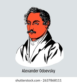 Prince Alexander Odoevsky - Russian poet, prose writer, philosopher and Decembrist from the Odoevsky family. Hand drawn vector illustration