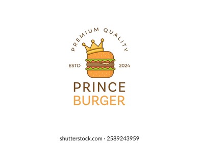 Prince burger logo concept with a crown, ideal for branding fastfood restaurants, marketing campaigns, and foodrelated logo designs.