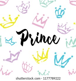 Prince card design. Hand drawn Crown pattern isolated on white background. Ink doodle crowns background for baby Kings. Children room fabric wallpaper, clothes texture. Vector illustration