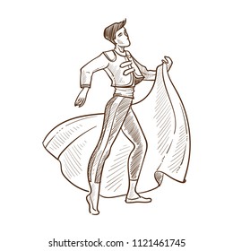 Prince charming in cloak monochrome sketch vector illustration