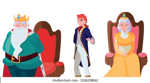 prince charming with queen and king on throne characters vector illustration design