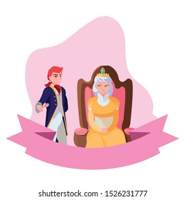 prince charming with queen on throne characters vector illustration design