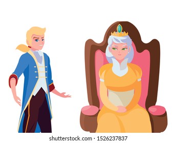 prince charming with queen on throne characters vector illustration design