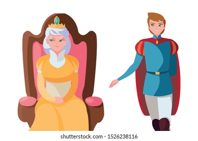 prince charming with queen on throne characters vector illustration design