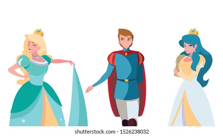 prince charming and two princess of tales characters vector illustration design