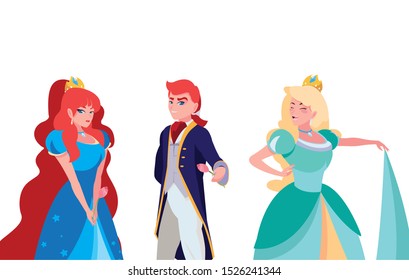 prince charming and two princess of tales characters vector illustration design