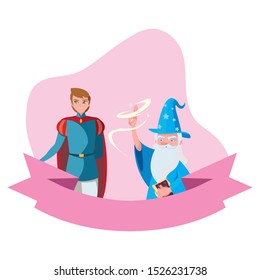 prince charming and wizard of tales characters vector illustration design