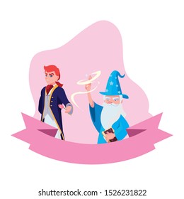 prince charming and wizard of tales characters vector illustration design