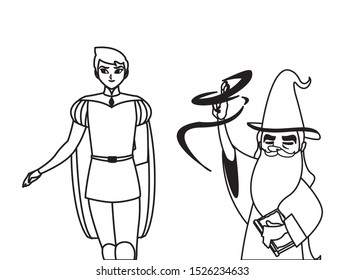 prince charming and wizard of tales characters vector illustration design