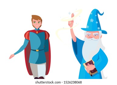 prince charming and wizard of tales characters vector illustration design