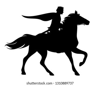 prince with crown and cloak riding a running horse - black vector silhouette of fairytale character