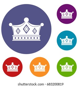 Prince crown icons set in flat circle red, blue and green color for web