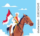 
Prince Diponegoro, a dashing national hero riding a horse holding the red and white Indonesian national flag, against the invaders