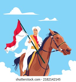 
Prince Diponegoro, a dashing national hero riding a horse holding the red and white Indonesian national flag, against the invaders