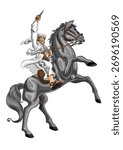 Prince Diponegoro.An image of a Javanese prince riding a horse while carrying a kris (traditional dagger).