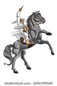 Imagem de um príncipe javanês cavalgando um cavalo enquanto carregava uma kris (adaga tradicional).