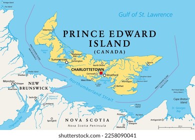 Prince Edward Island, Maritime and Atlantic province of Canada, political map. The Island, located in the Gulf of St. Lawrence, bordered to New Brunswick and Nova Scotia, with capital Charlottetown.