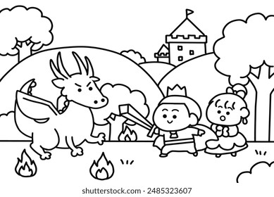 Prince fighting with dragon coloring pages style.