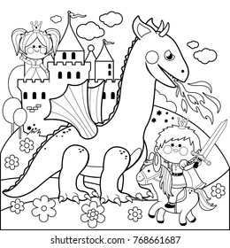 Prince fighting a fire breathing dragon and saving the beautiful princess at the tower. Vector black and white coloring page