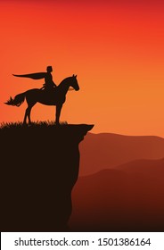 prince with flying cape riding horse standing on high mountain cliff at sunset - fairy tale king vector silhouette
