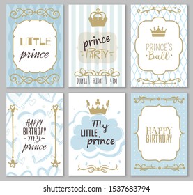 Prince frames. Cute boy party invitation shower or sweet photo borders for elegant blue decor of card vector pattern templates for birthday little baby