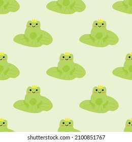 Prince frog with crown. Enamored green toads. Vector animal characters seamless pattern of amphibian toad drawing.Childish design for baby clothes, bedding, textiles, print, wallpaper.