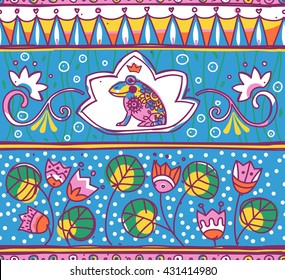 Prince frog in the folk style. Seamless hand-drawn pattern.