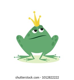 Prince frog in golden crown, fairy tale character cartoon vector Illustration