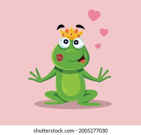 Prince Frog Receiving True Love Kiss Vector Cartoon. Cute little toad receiving true love kiss in hope of braking the spell
