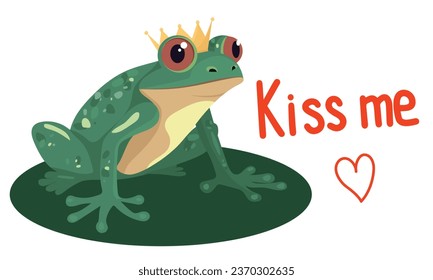 Prince frog says kiss me. Frog with crown in flat style. Frog, say kiss me. Vector illustraiton. Looking for love.