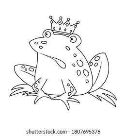 Prince frog wearing crown vector illustration cartoon isolated on white background. Prince frog fairy tale illustration cartoon coloring page. Halloween cursed frog. 