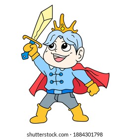The prince with a handsome face raises his magic sword ready to fight, doodle icon image. cartoon caharacter cute doodle draw
