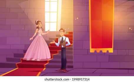 Prince invite princess for dance in castle hall. Royal couple in palace hallway with stone walls, ladder and wide window, room decorated with red banners and stairs carpet, Cartoon vector illustration