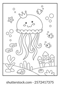 prince jelly fish with sea view background coloring page for kids. Funny animal outline vector illustration.