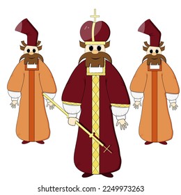 Prince of Kievan Rus and boyar. A king in a red robe, a crown and with a scepter in his hand on a white background. A cartoon character. Noble persons. The nobleman.