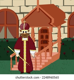 Prince of Kievan Rus near the palace. A king in a red robe, a crown and with a scepter in his hand on a palace background. A cartoon character. Noble persons. The nobleman.