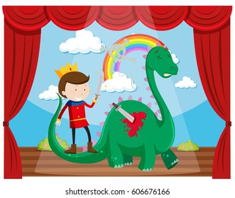 El príncipe mató al dragón en la ilustración del escenario