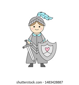 Prince, knight cute vector illustration. Fairy tale, once upon a time, pastel hand drawn little boy with armour, helmet, shield and sword. Isolated outlined icon, sticker.