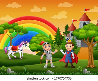 Prince and knight outdoors with a castle background