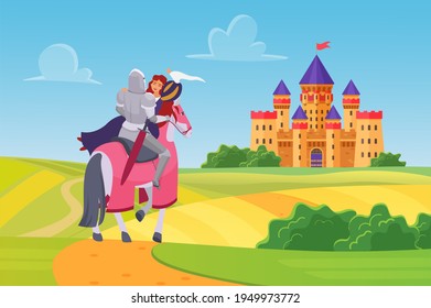 Prince knight saved princess, fairytale story vector illustration. Cartoon fairy tale scenery with hero warrior character in armor riding happy beautiful girl on horseback on way to castle background