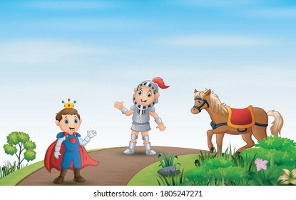 A prince and knight walking on the road