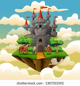 Prince and little knight in a castle on the cloud