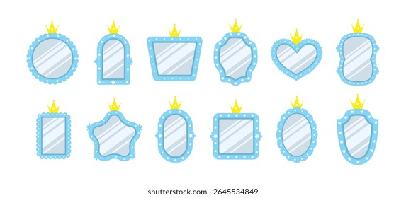 Espelho do Príncipe. Conjunto de espelho de parede infantil com diferentes bordas azuis. Mobiliário para princesa ou interior real quarto. Ilustração Vetor vintage em estilo de desenho animado plano.