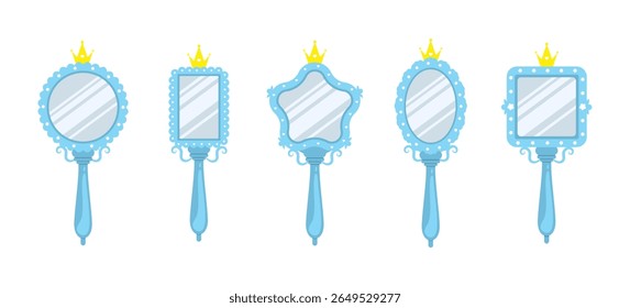 Espelho do Príncipe. Conjunto de pequenos espelhos com bordas azuis e coroas douradas. Elemento vintage bonito para a decoração da festa de aniversário dos meninos. Ilustração vetorial em estilo de desenho animado plano.