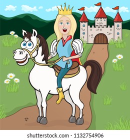 Prince on a white horse, cartoon drawing, vector illustration, animated character. Funny cute smiling prince blond boy with blue eyes with crown rides a white horse against a flower meadow and castle