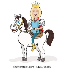 Prince on a white horse, cartoon drawing, vector illustration, animated character. Funny cute smiling prince blond boy with blue eyes with crown rides a white horse isolated on white background