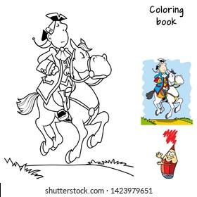 Prince on a white horse. Coloring book. Cartoon vector illustration