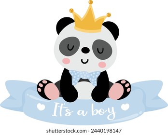 Prince panda with baby boy ribbon banner