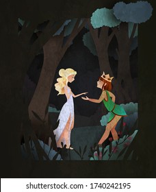 Prince and Princes fairy tale book cover illustration. Couple of character in fron of magic forest.